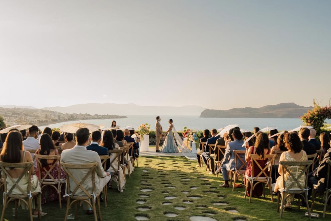 A ceremony on a clifftop lawn above the sea